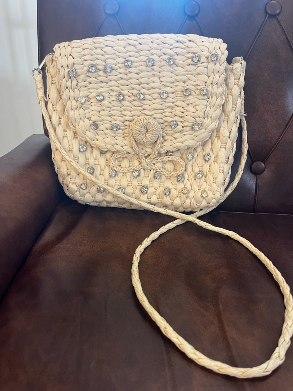Anthropologie Rhinestone Woven Crossbody Bag - Cream